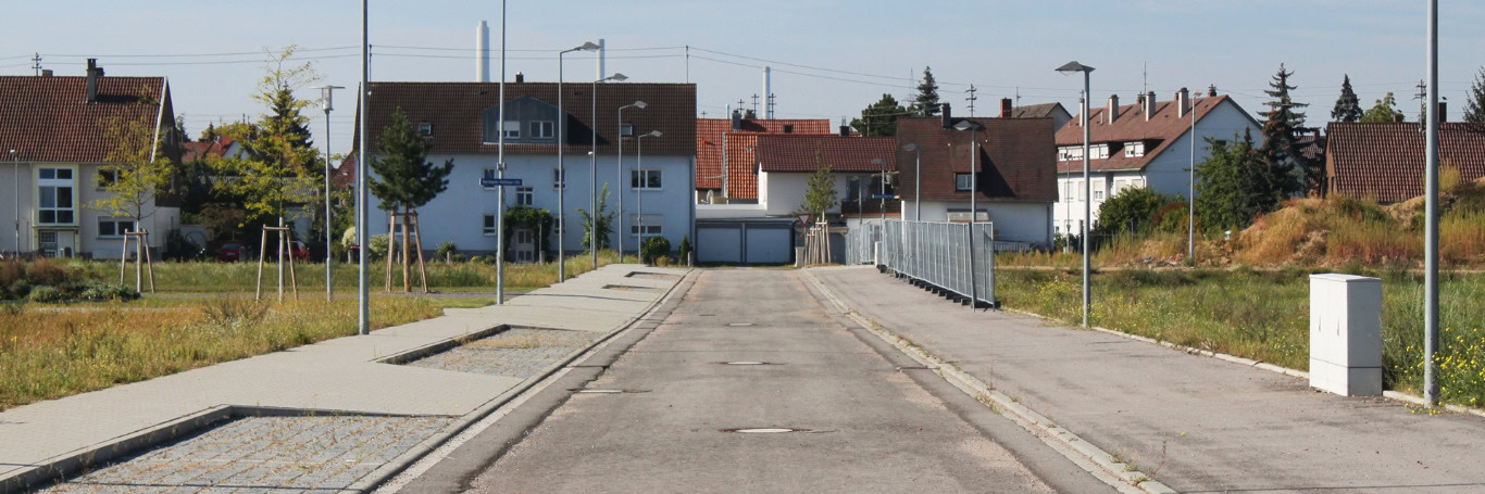 Straße in Wohngebiet mit unbebauten Grünflächen.