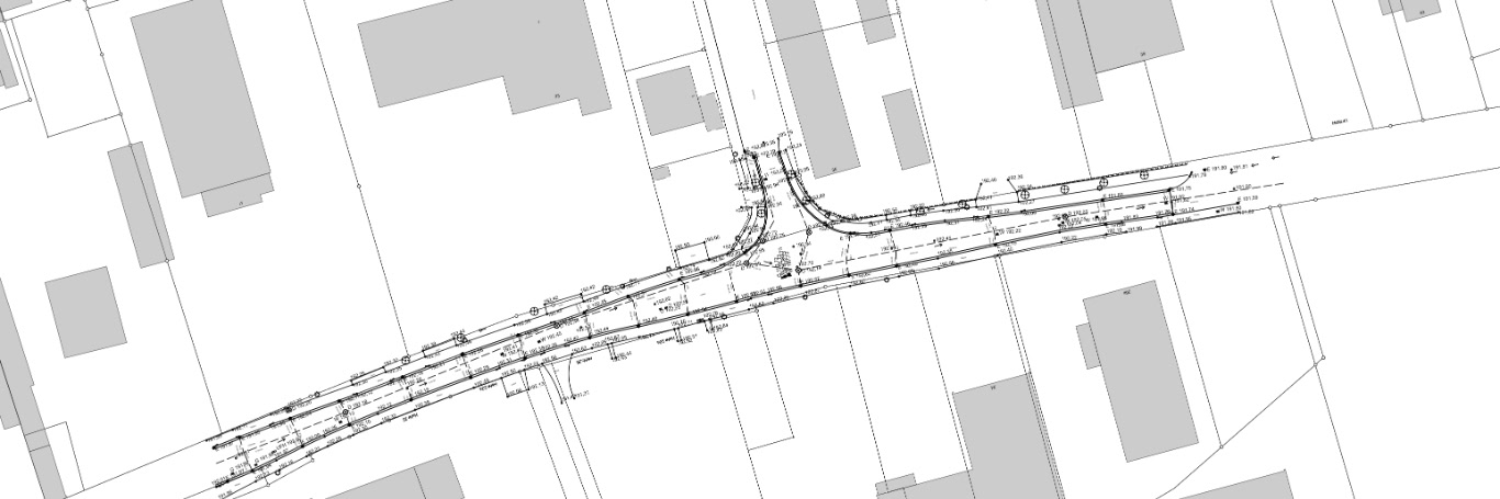 Bauplan einer Straße mit technischen Details.