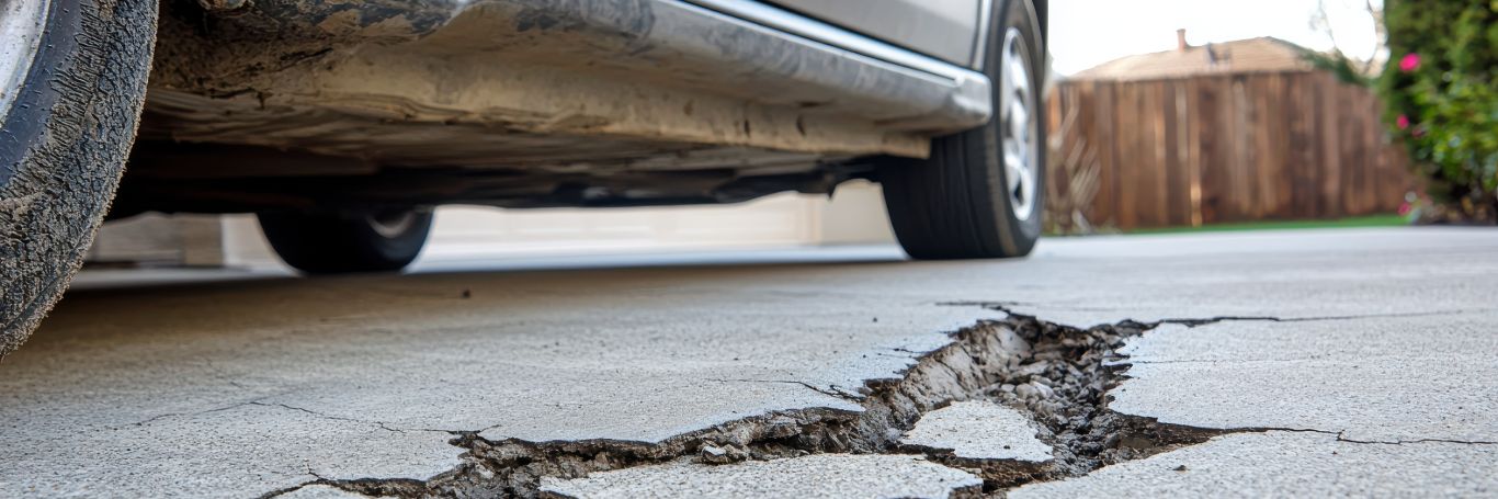 Aufgebrochene Betonauffahrt mit parkiertem Auto.