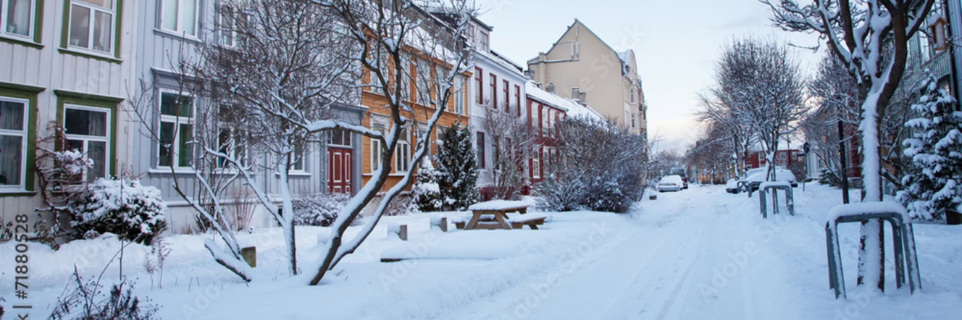 Verschneite Wohnstraße mit Bäumen und bunten Häusern.